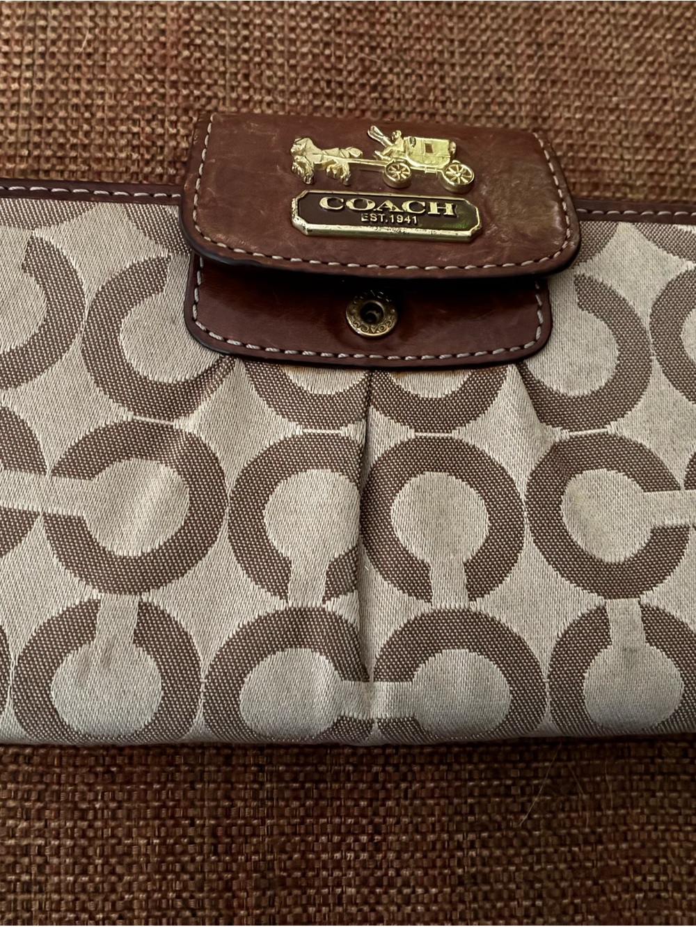 Coach Two-Tone Signature Canvas Wallet in Brown and Cream